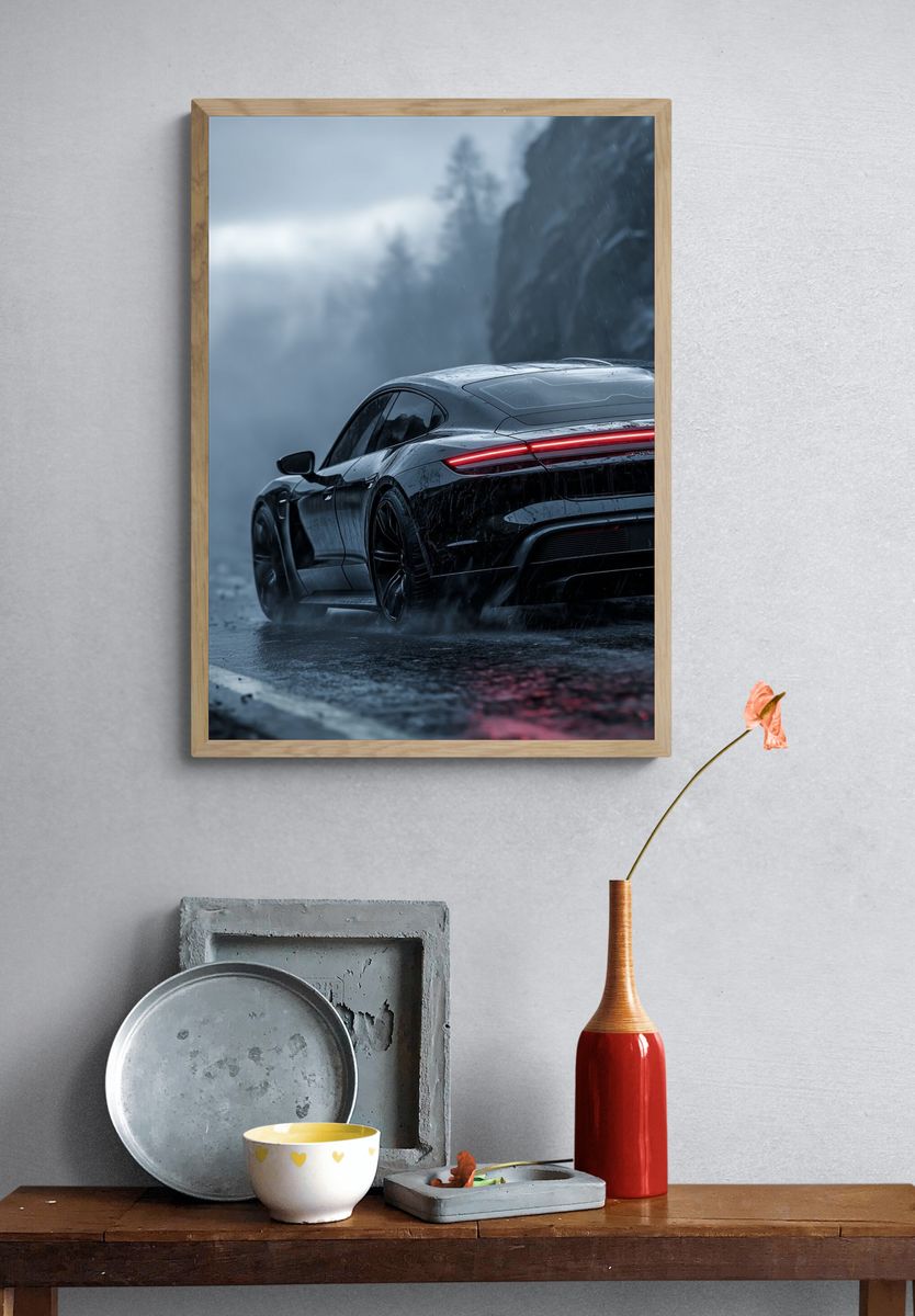 Sleek Black Car in Rain — Photography Print. — room view 3