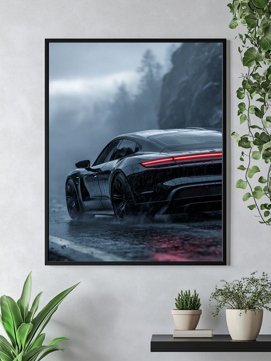 Sleek Black Car in Rain — Photography Print. — room view 4