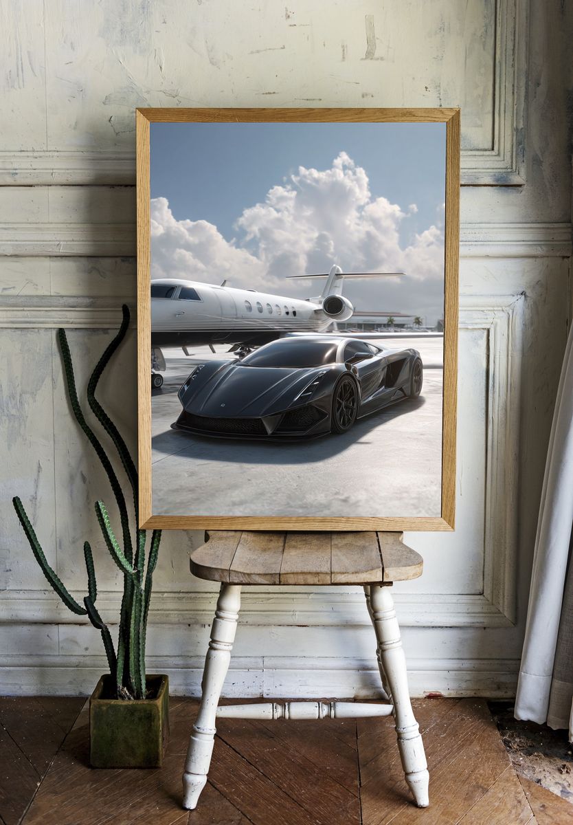 Luxury Sports Car and Jet — Automotive Print. — room view 1