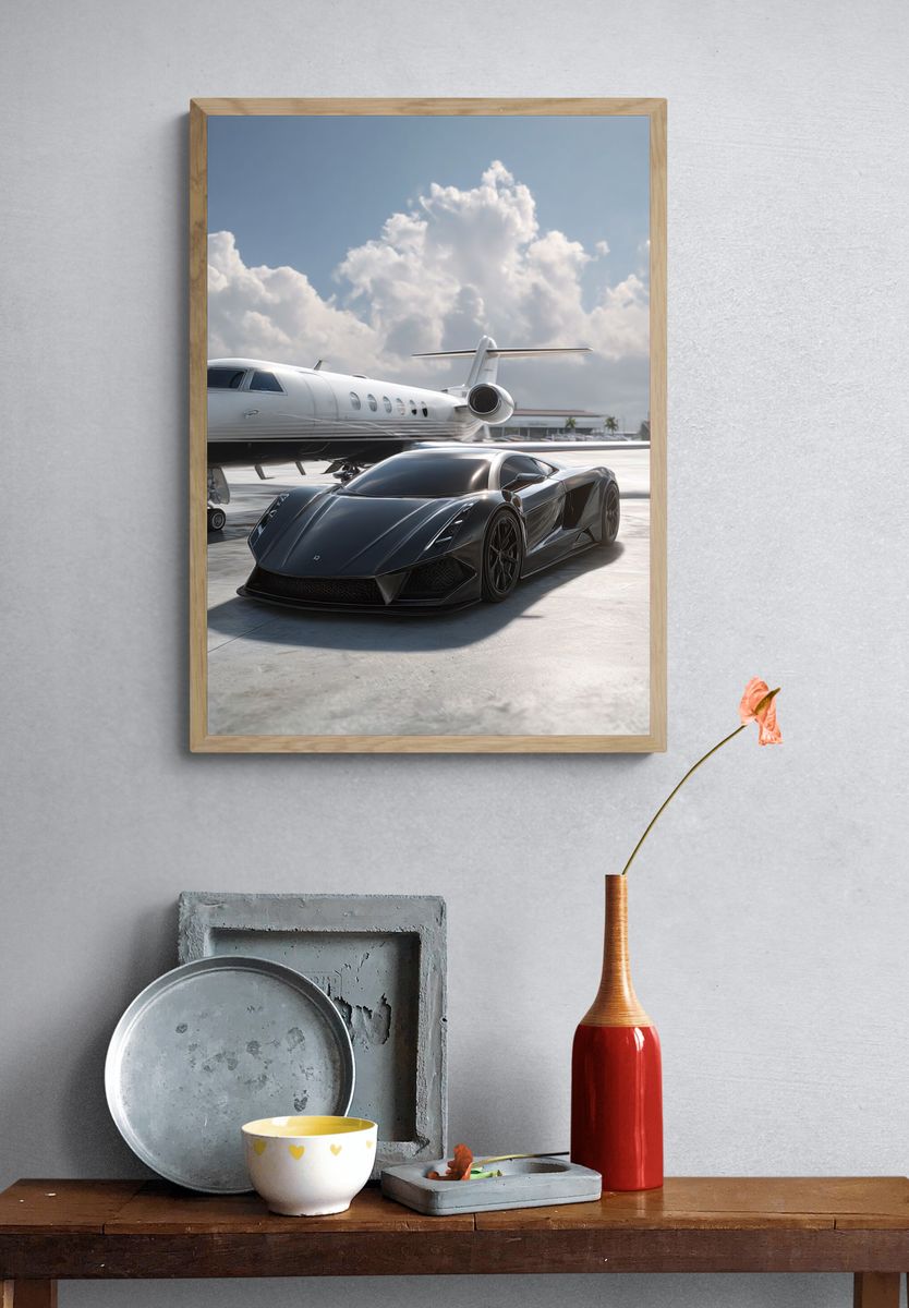 Luxury Sports Car and Jet — Automotive Print. — room view 3
