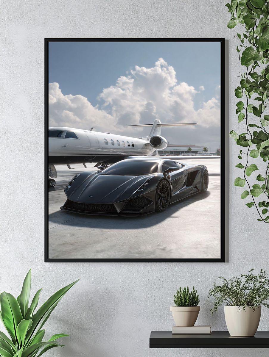 Luxury Sports Car and Jet — Automotive Print. — room view 4