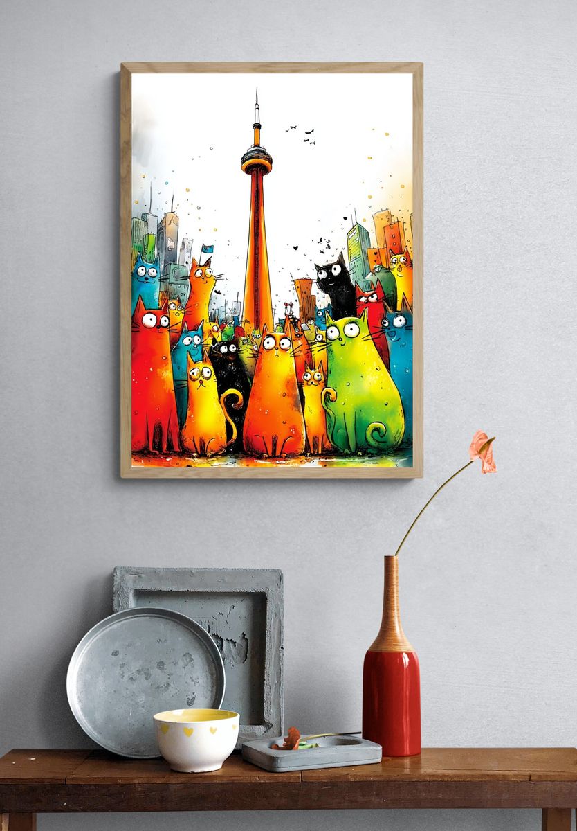 Colorful Cats in the City — Illustration Print. — room view 3