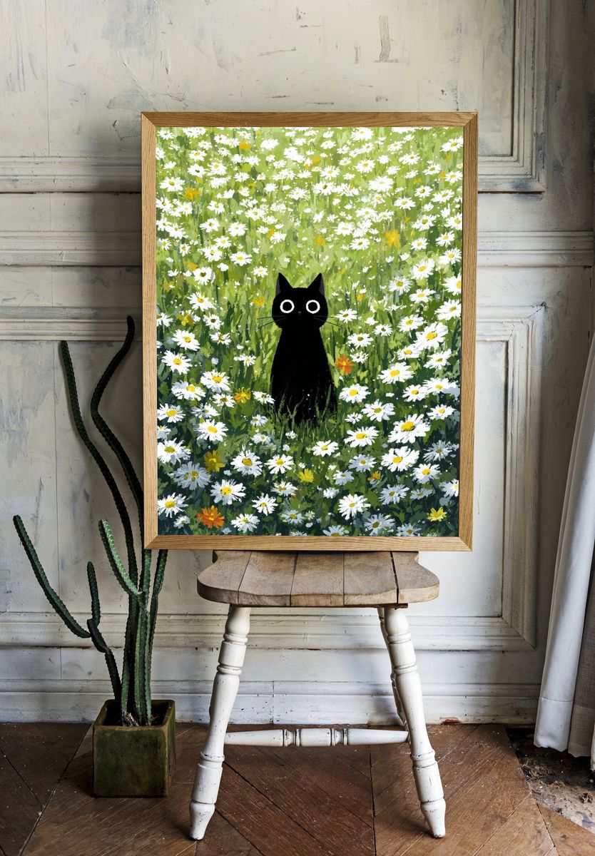Black Cat in Flower Field — Illustration Print. — room view 1