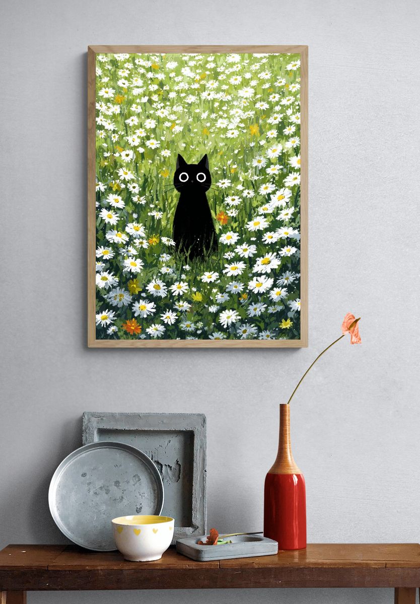 Black Cat in Flower Field — Illustration Print. — room view 3