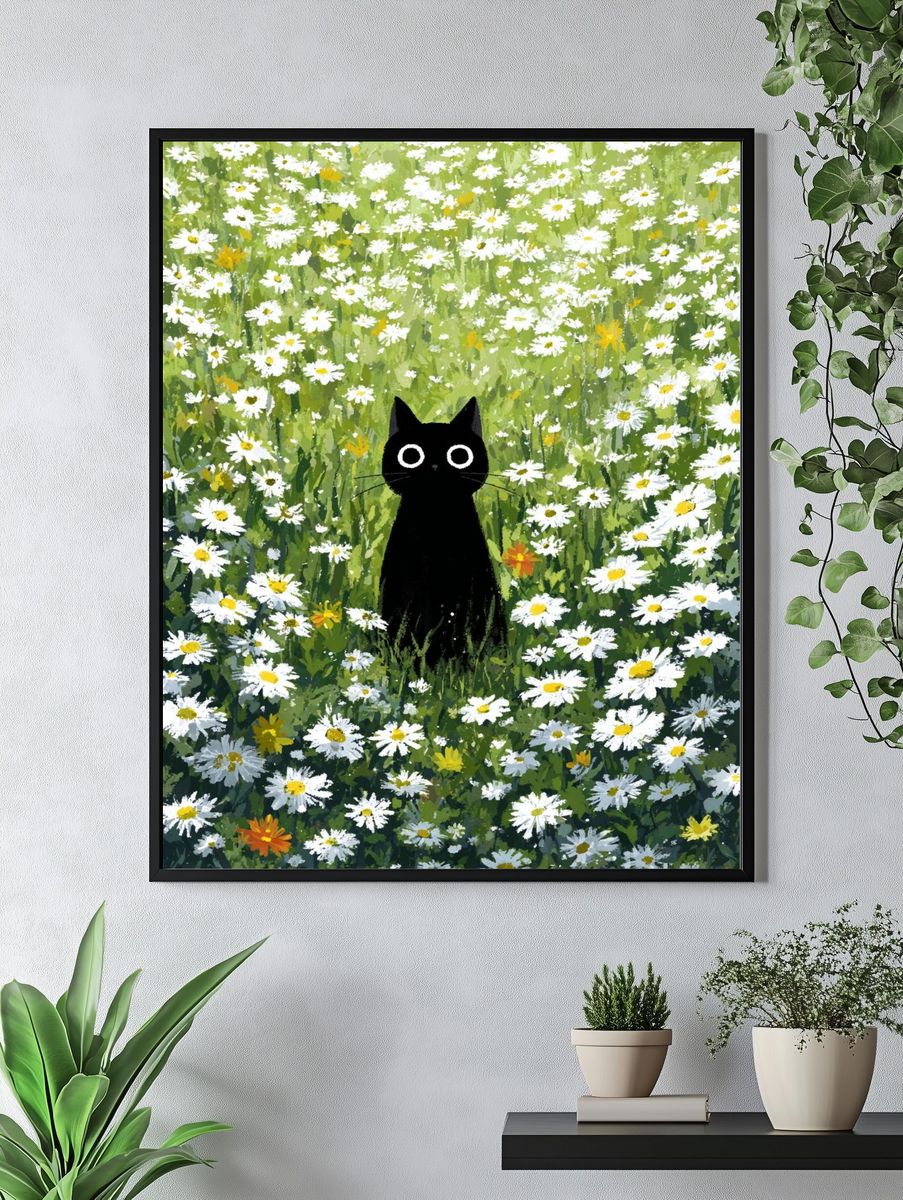 Black Cat in Flower Field — Illustration Print. — room view 4