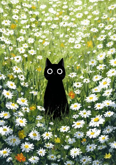 Black Cat in Flower Field — Illustration Print. poster print