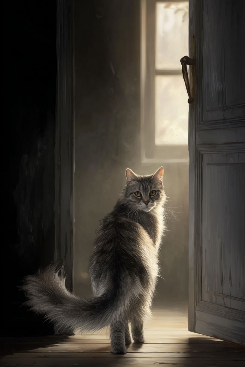 Mysterious Cat in Doorway — Art Print. poster detail