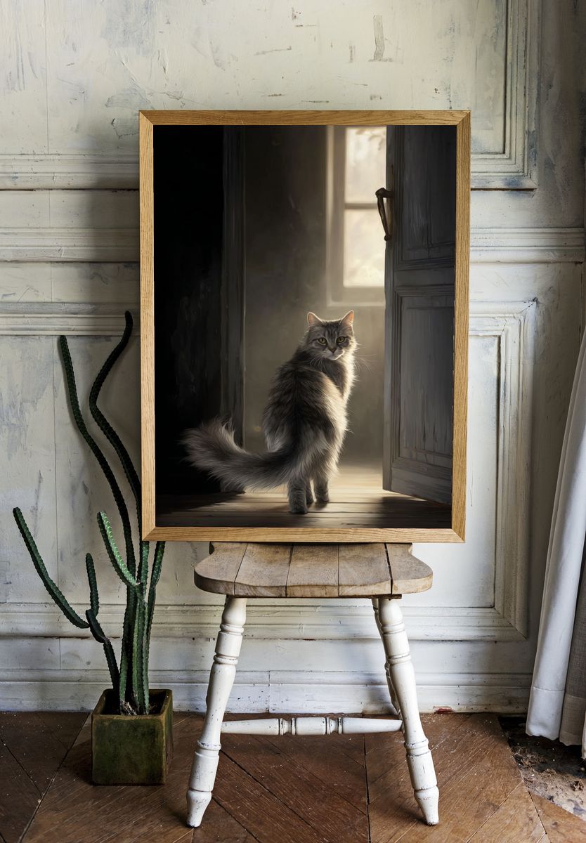 Mysterious Cat in Doorway — Art Print. — room view 1