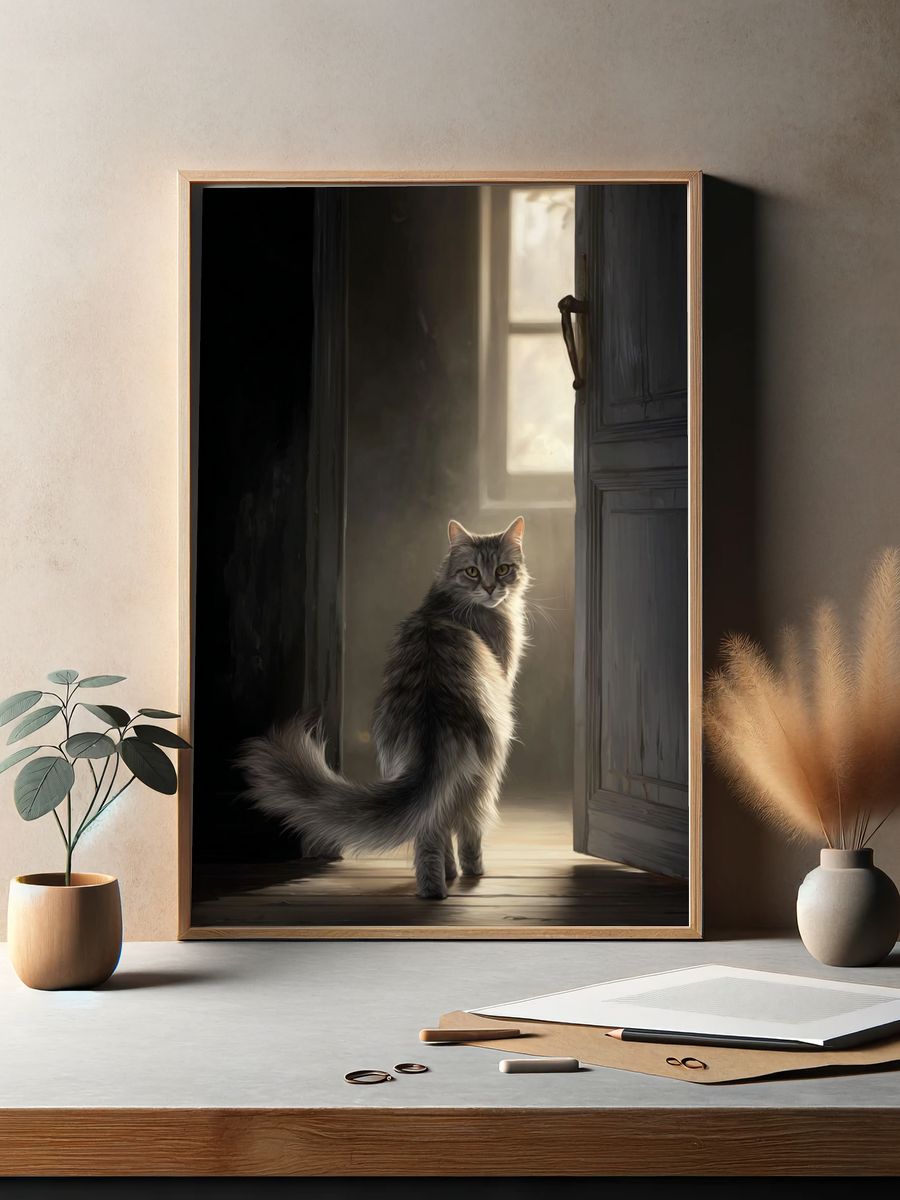 Mysterious Cat in Doorway — Art Print. — room view 2
