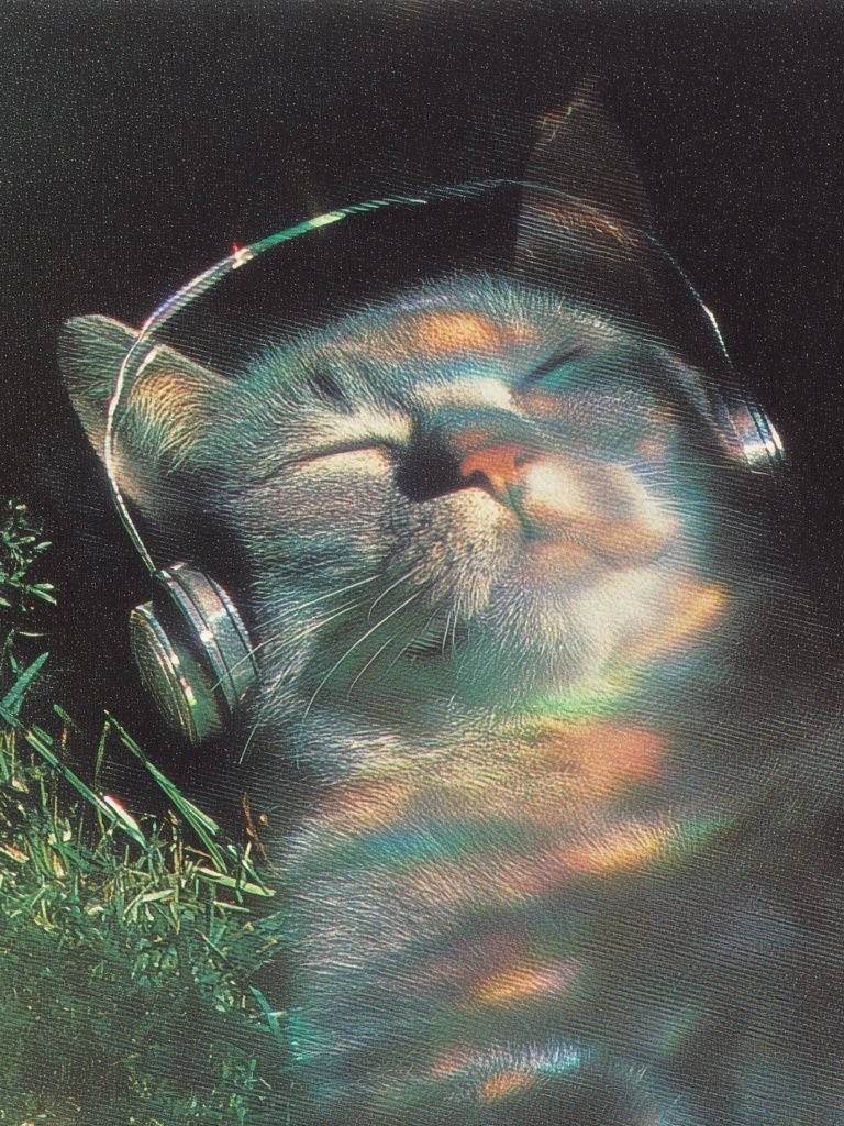 Relaxed Cat with Headphones — Vintage Print. poster detail