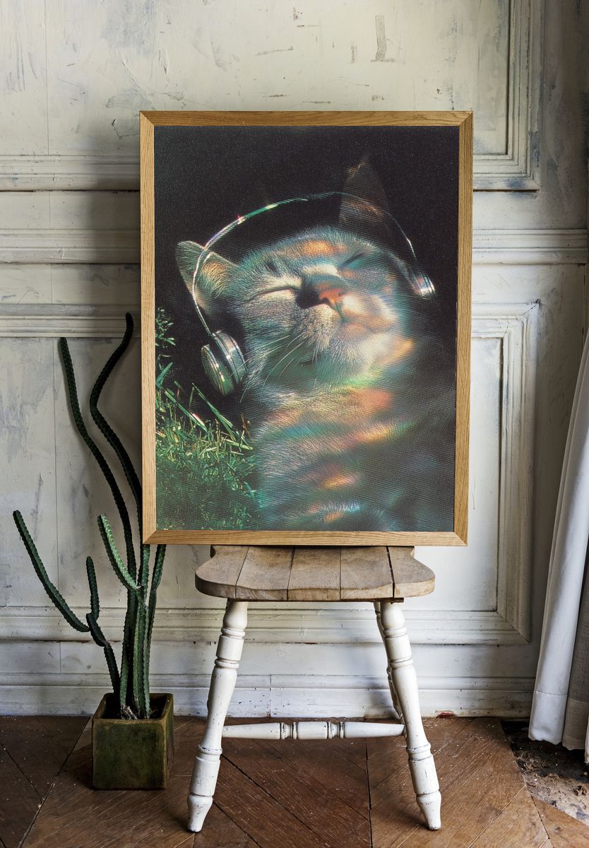Relaxed Cat with Headphones — Vintage Print. — room view 1