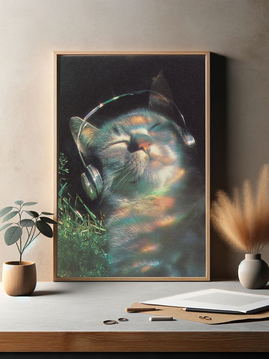 Relaxed Cat with Headphones — Vintage Print. — room view 2