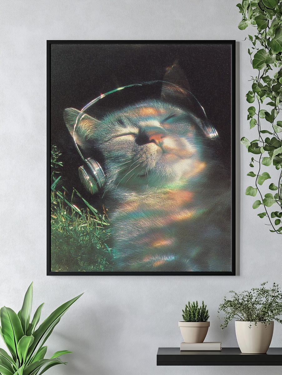 Relaxed Cat with Headphones — Vintage Print. — room view 4