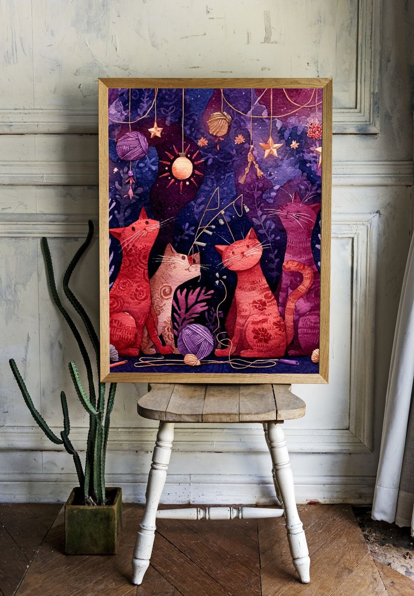 Celestial Cats Watercolor Poster. — room view 1
