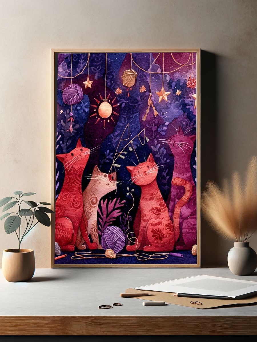 Celestial Cats Watercolor Poster. — room view 2