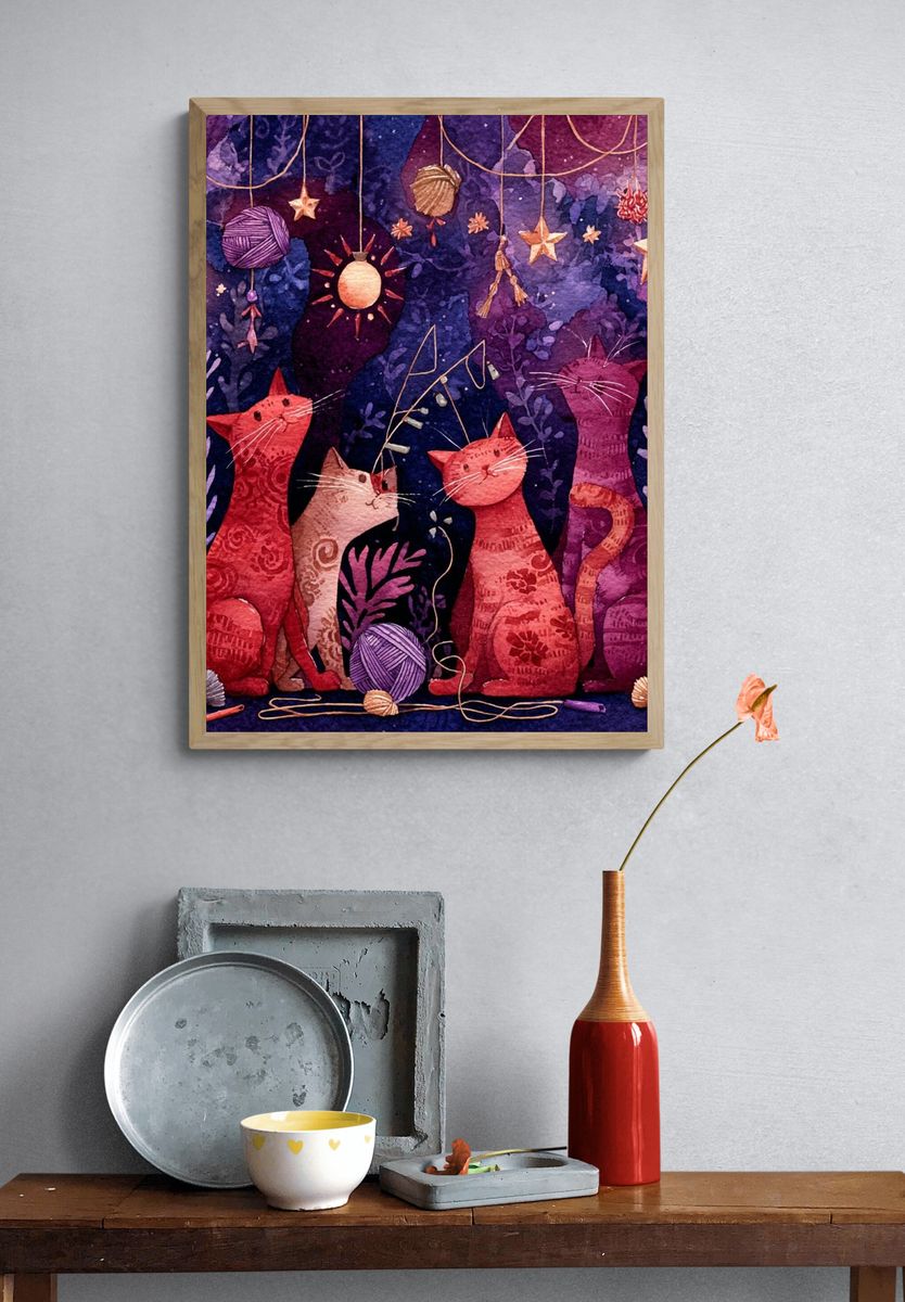 Celestial Cats Watercolor Poster. — room view 3