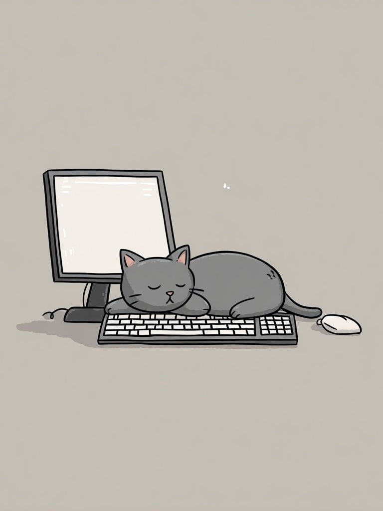Sleeping Cat on Computer Keyboard — Cartoon Print. poster — animals art