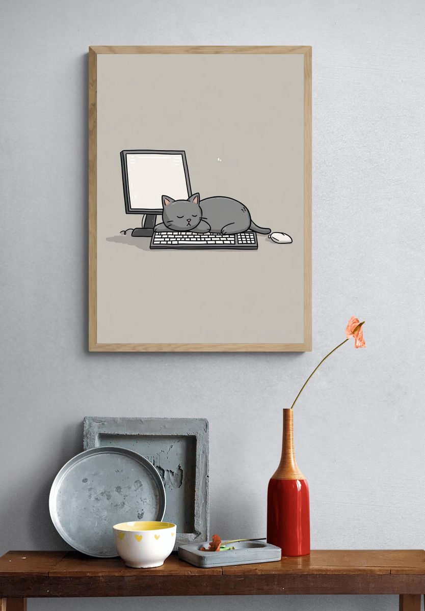 Sleeping Cat on Computer Keyboard — Cartoon Print. — room view 3