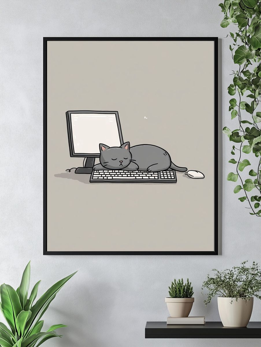 Sleeping Cat on Computer Keyboard — Cartoon Print. — room view 4