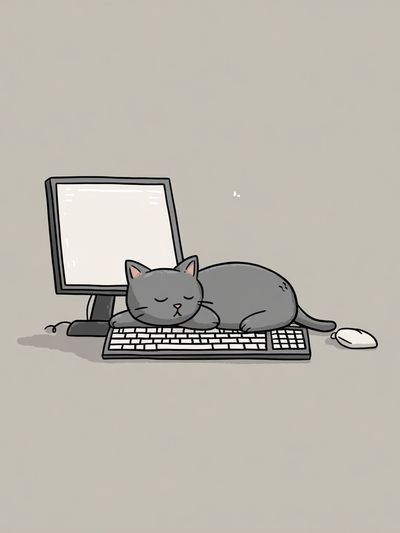 Sleeping Cat on Computer Keyboard — Cartoon Print. poster print
