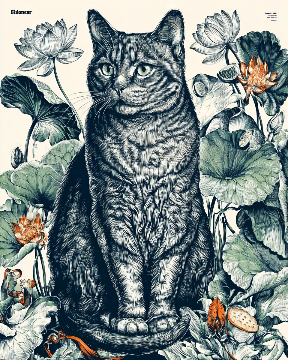 Cat Among Lotus Flowers — Illustration Print. poster — illustration art