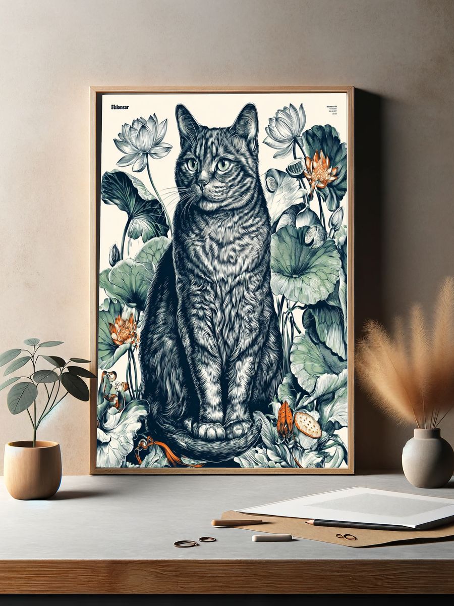 Cat Among Lotus Flowers — Illustration Print. — room view 2