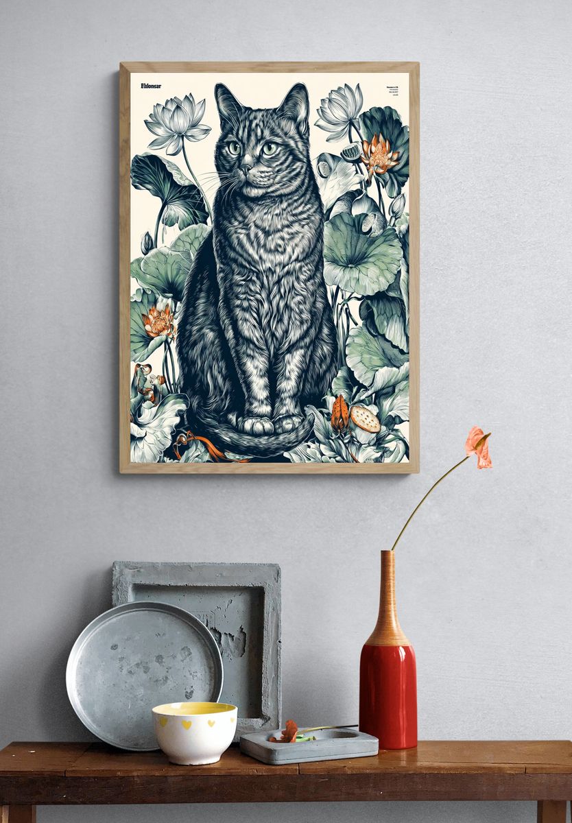 Cat Among Lotus Flowers — Illustration Print. — room view 3