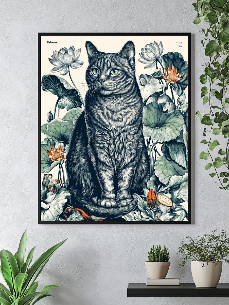 Cat Among Lotus Flowers — Illustration Print. — room view 4