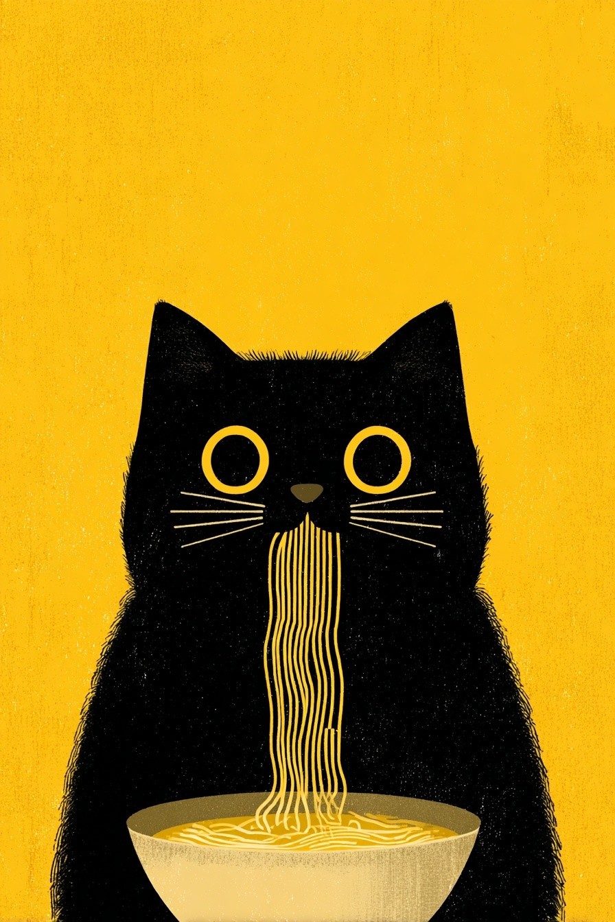 Cat Eating Noodles — Illustration Print. poster detail