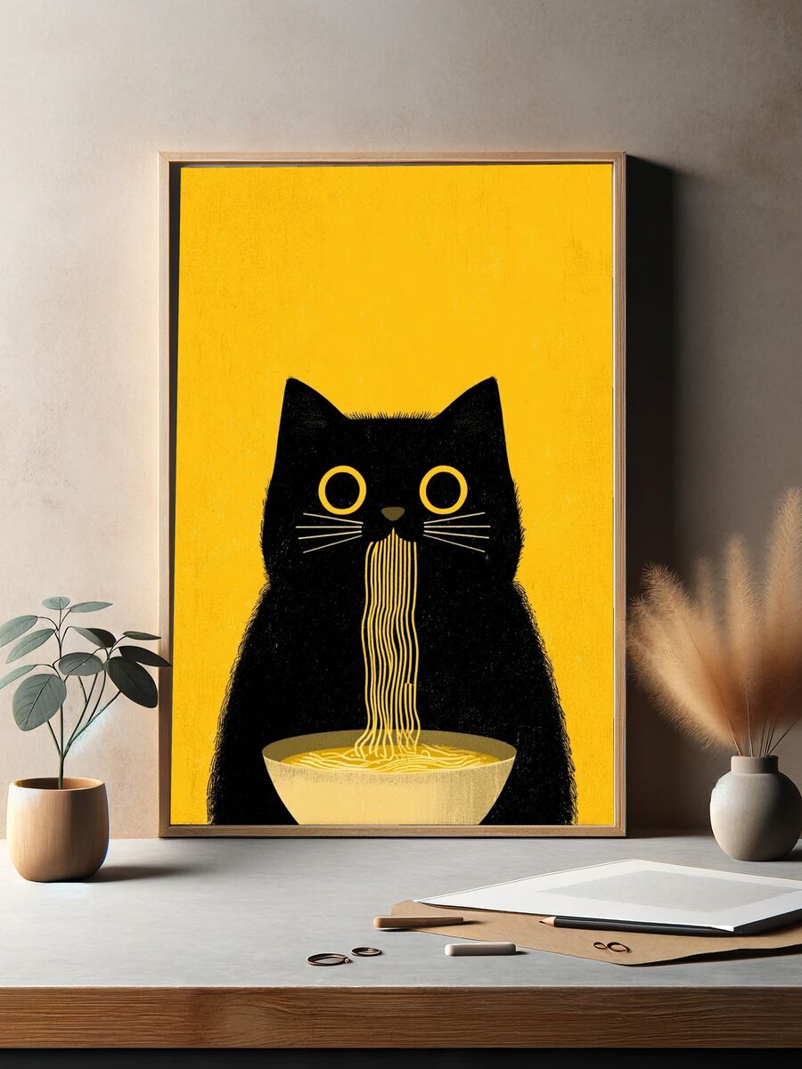 Cat Eating Noodles — Illustration Print. — room view 2