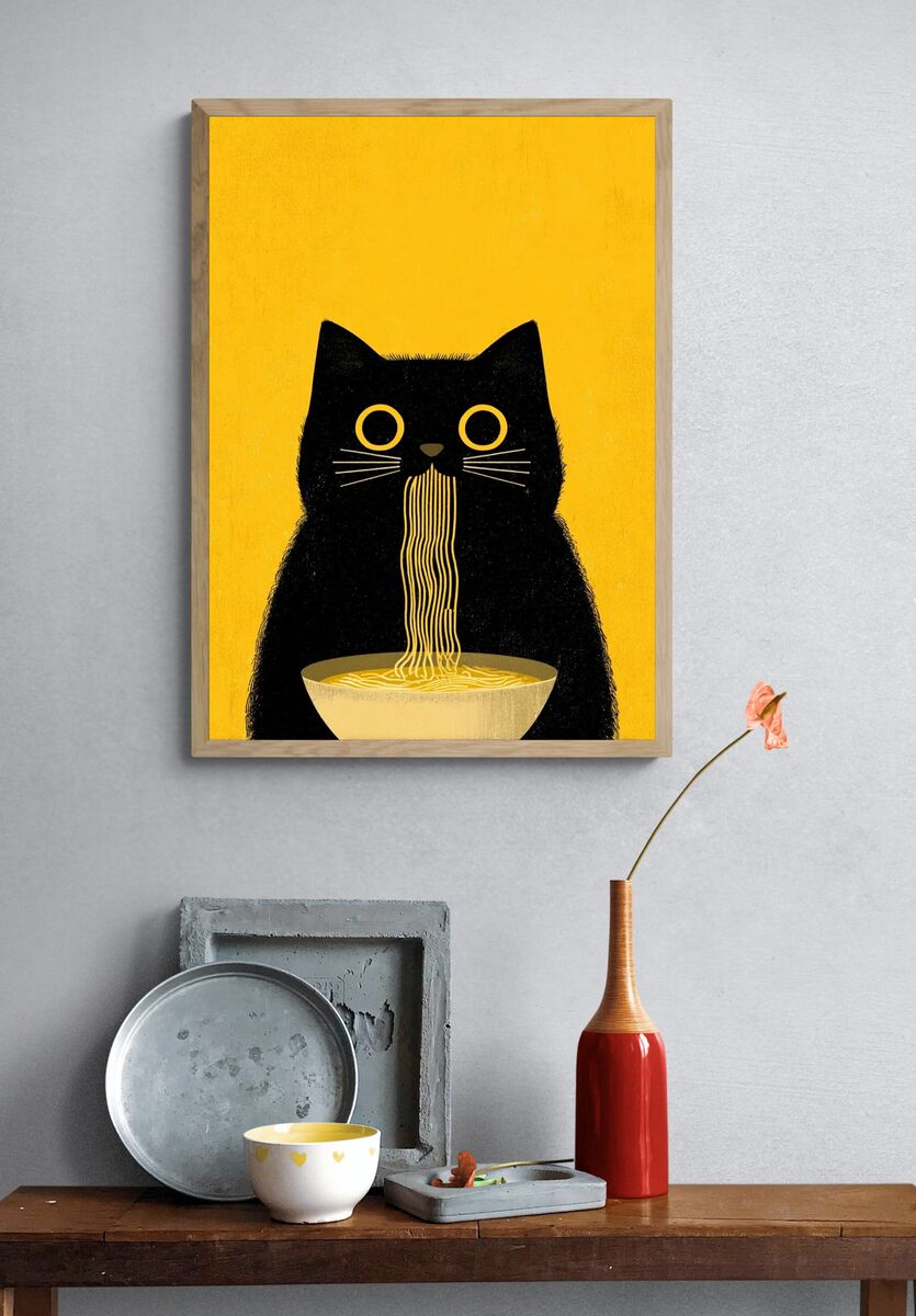 Cat Eating Noodles — Illustration Print. — room view 3
