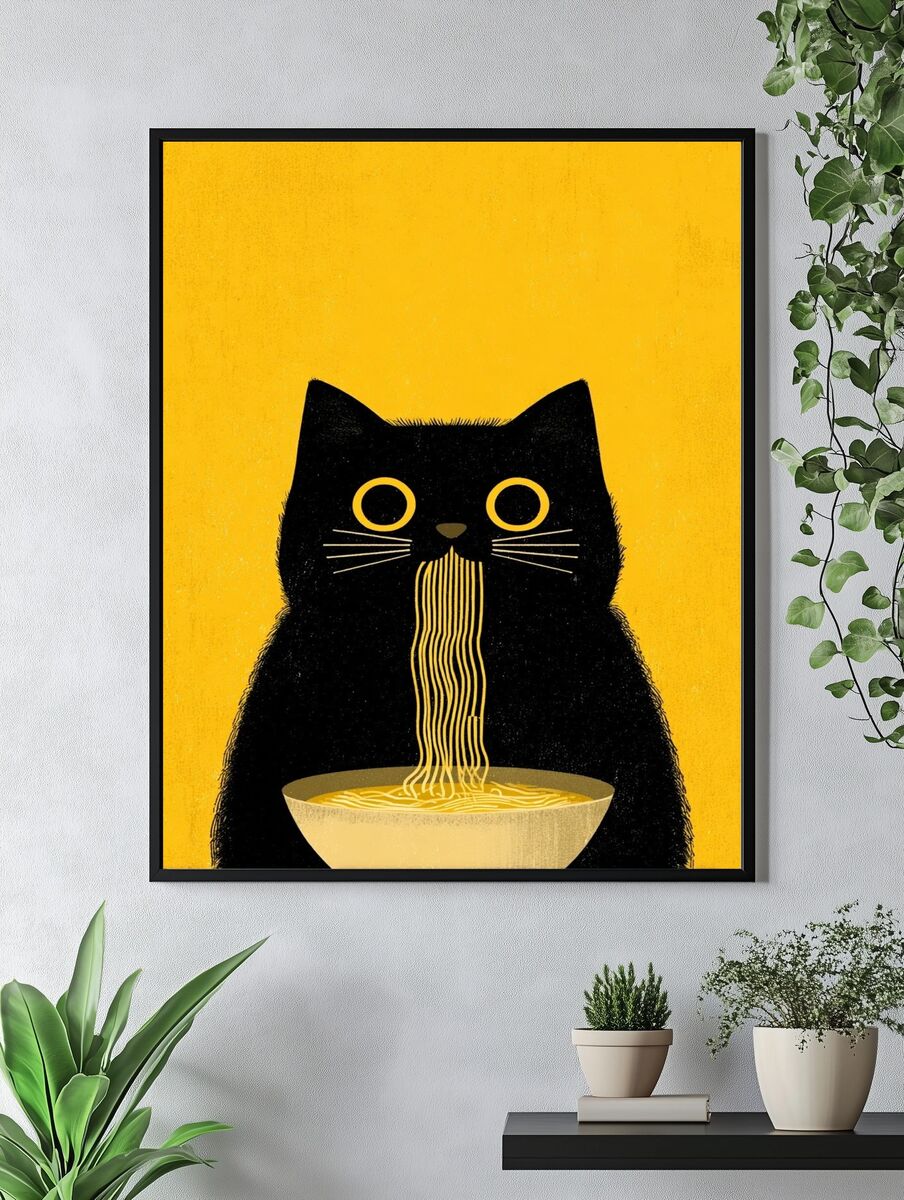 Cat Eating Noodles — Illustration Print. — room view 4