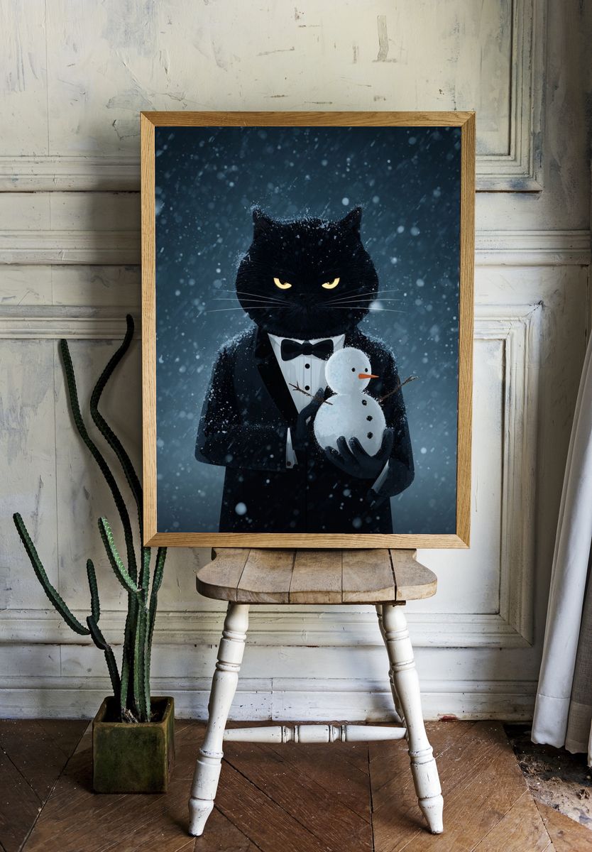 Black Cat Snowman Illustration Poster. — room view 1