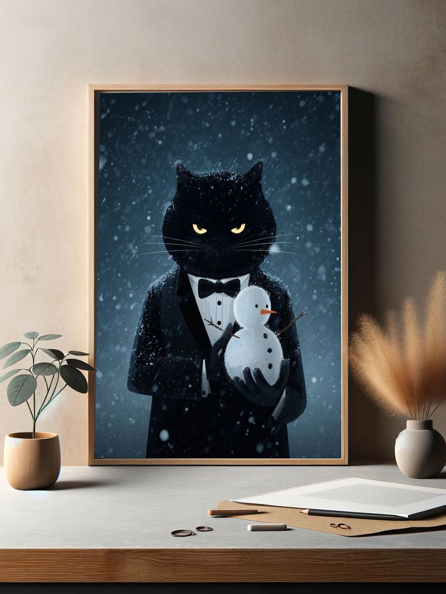Black Cat Snowman Illustration Poster. — room view 2