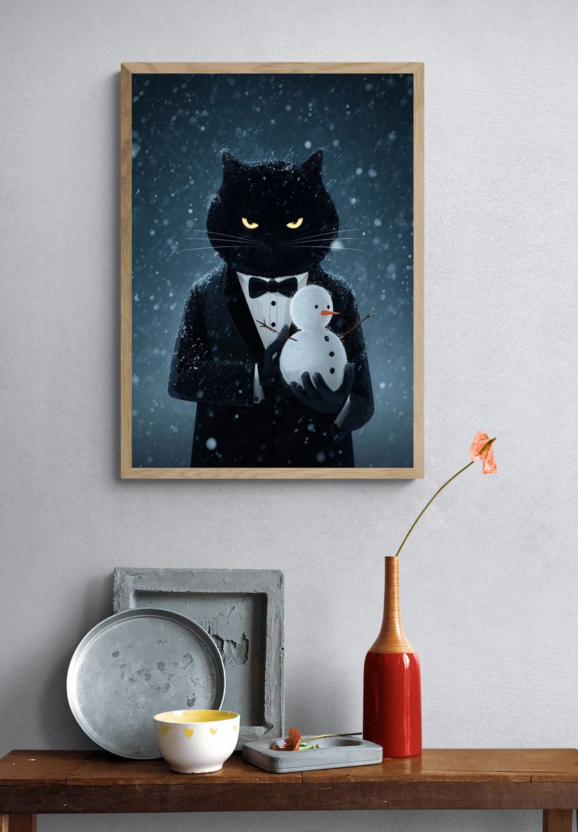 Black Cat Snowman Illustration Poster. — room view 3