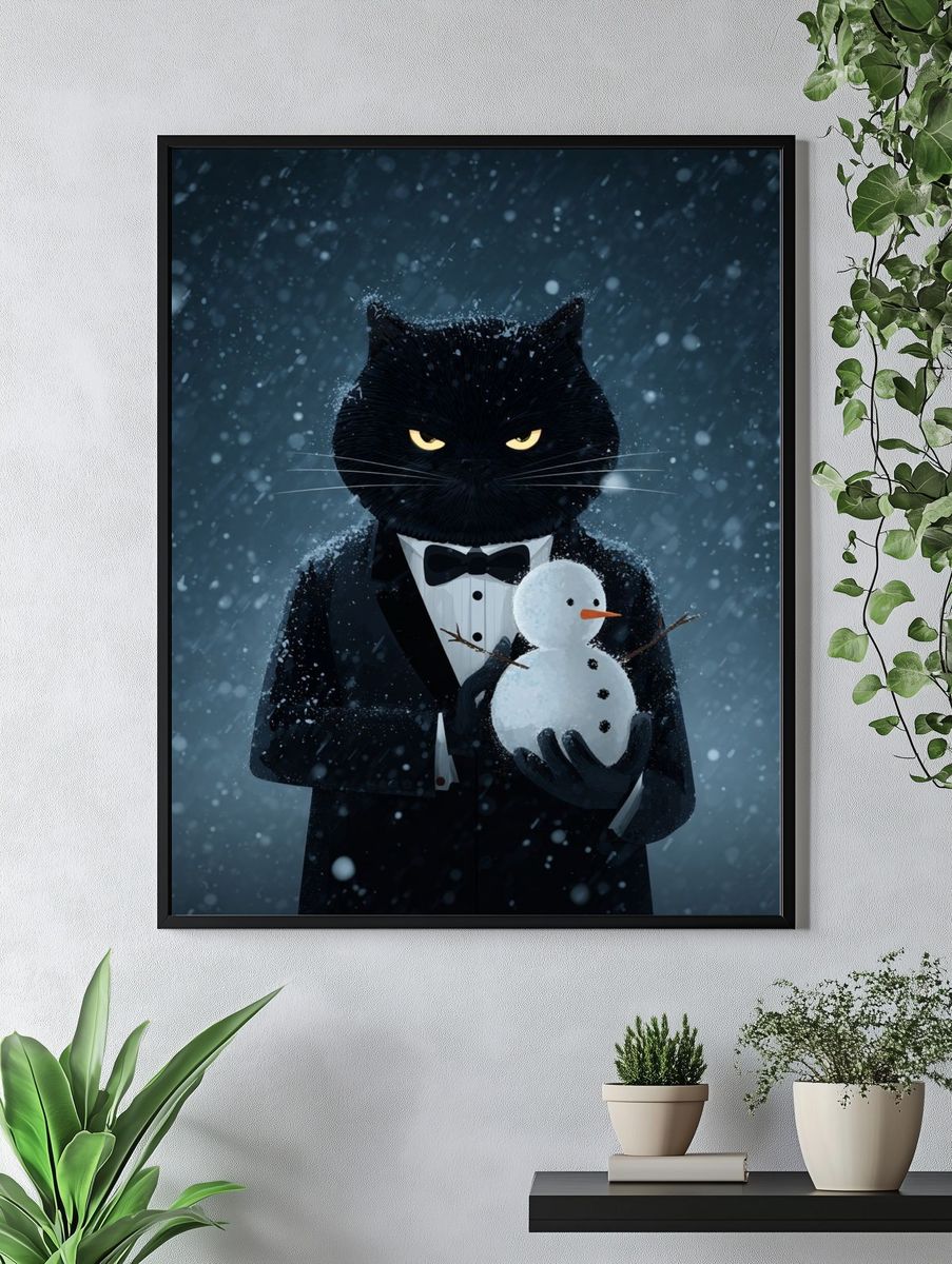 Black Cat Snowman Illustration Poster. — room view 4