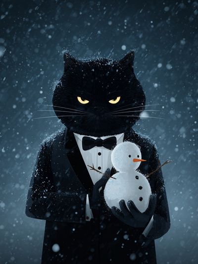 Black Cat Snowman Illustration Poster. poster print