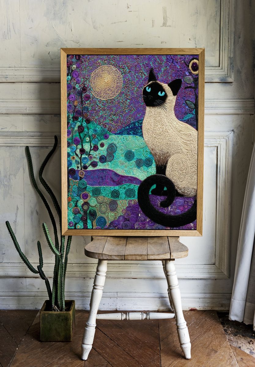 Siamese Cat Moonlit Garden Poster. — room view 1