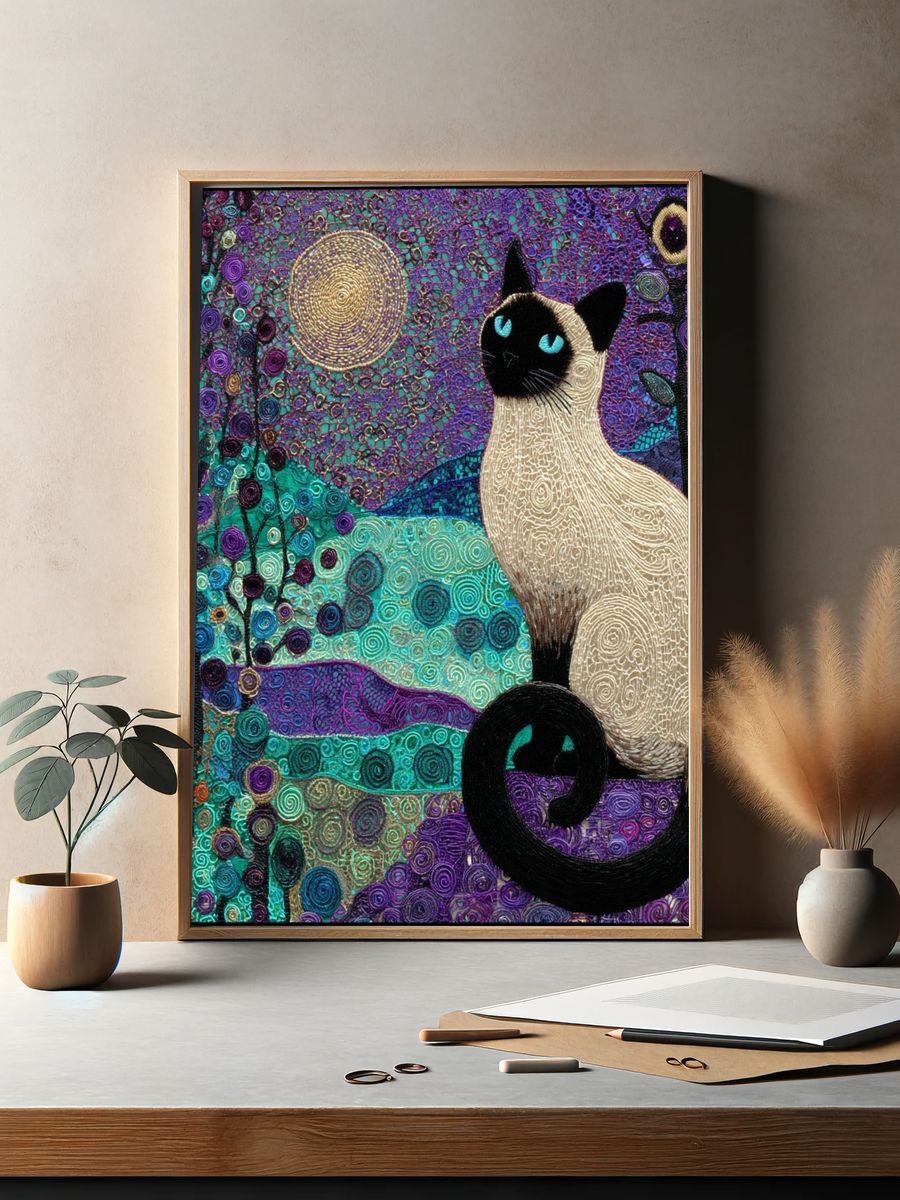 Siamese Cat Moonlit Garden Poster. — room view 2
