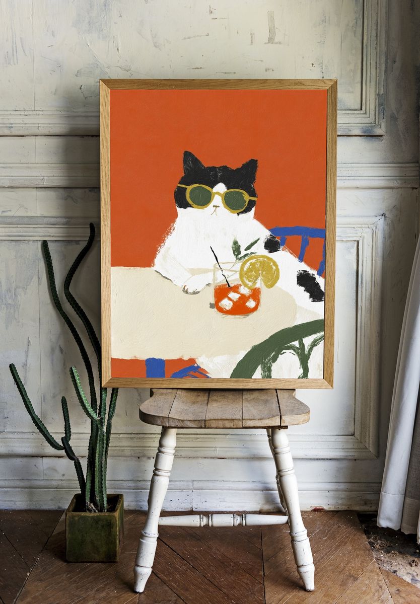 Cool Cat with Drink — Illustration Print. — room view 1