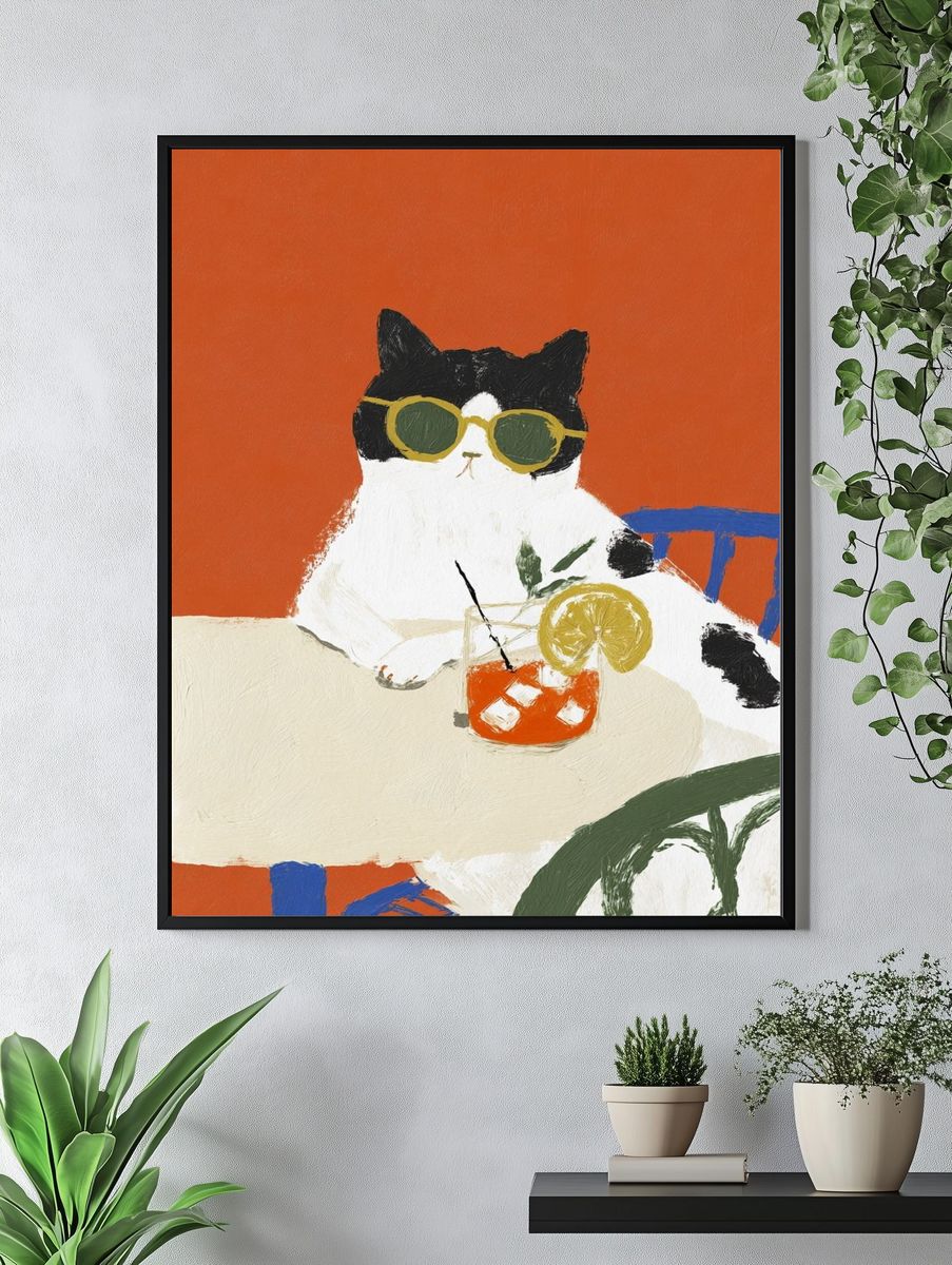 Cool Cat with Drink — Illustration Print. — room view 4