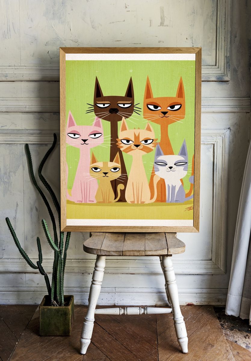 Stylized Cats Illustration Poster. — room view 1