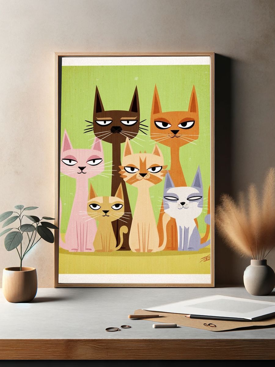 Stylized Cats Illustration Poster. — room view 2
