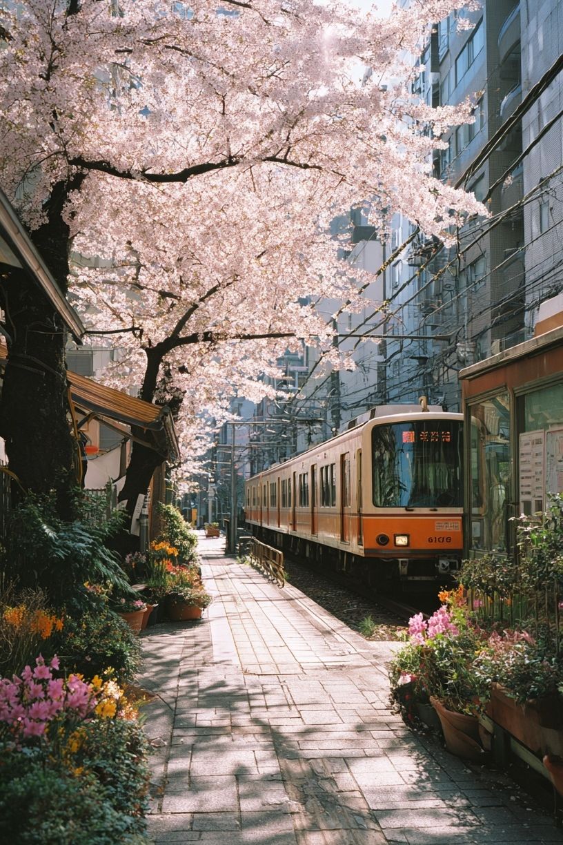 Cherry Blossom Train Station — Photography Print. poster detail