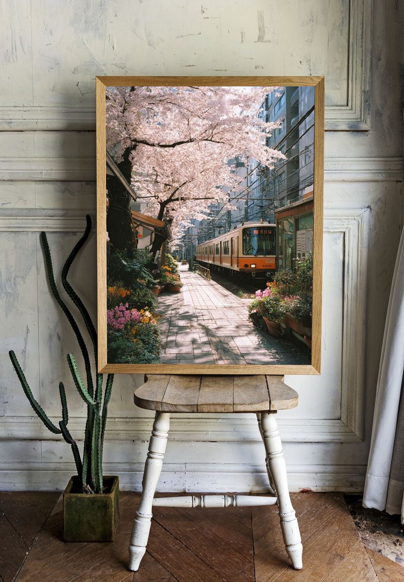 Cherry Blossom Train Station — Photography Print. — room view 1