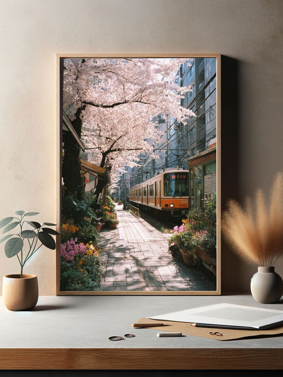 Cherry Blossom Train Station — Photography Print. — room view 2