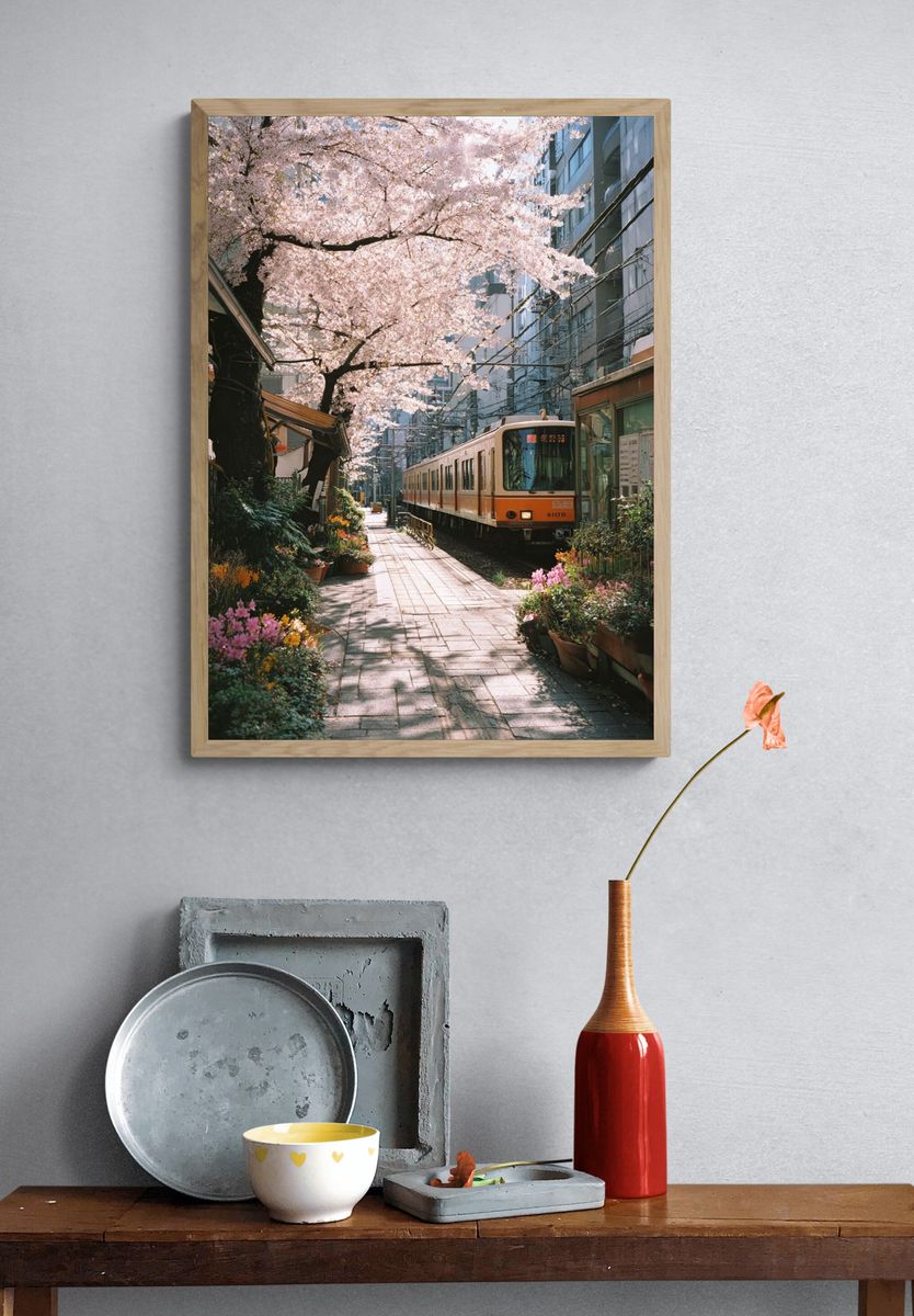 Cherry Blossom Train Station — Photography Print. — room view 3