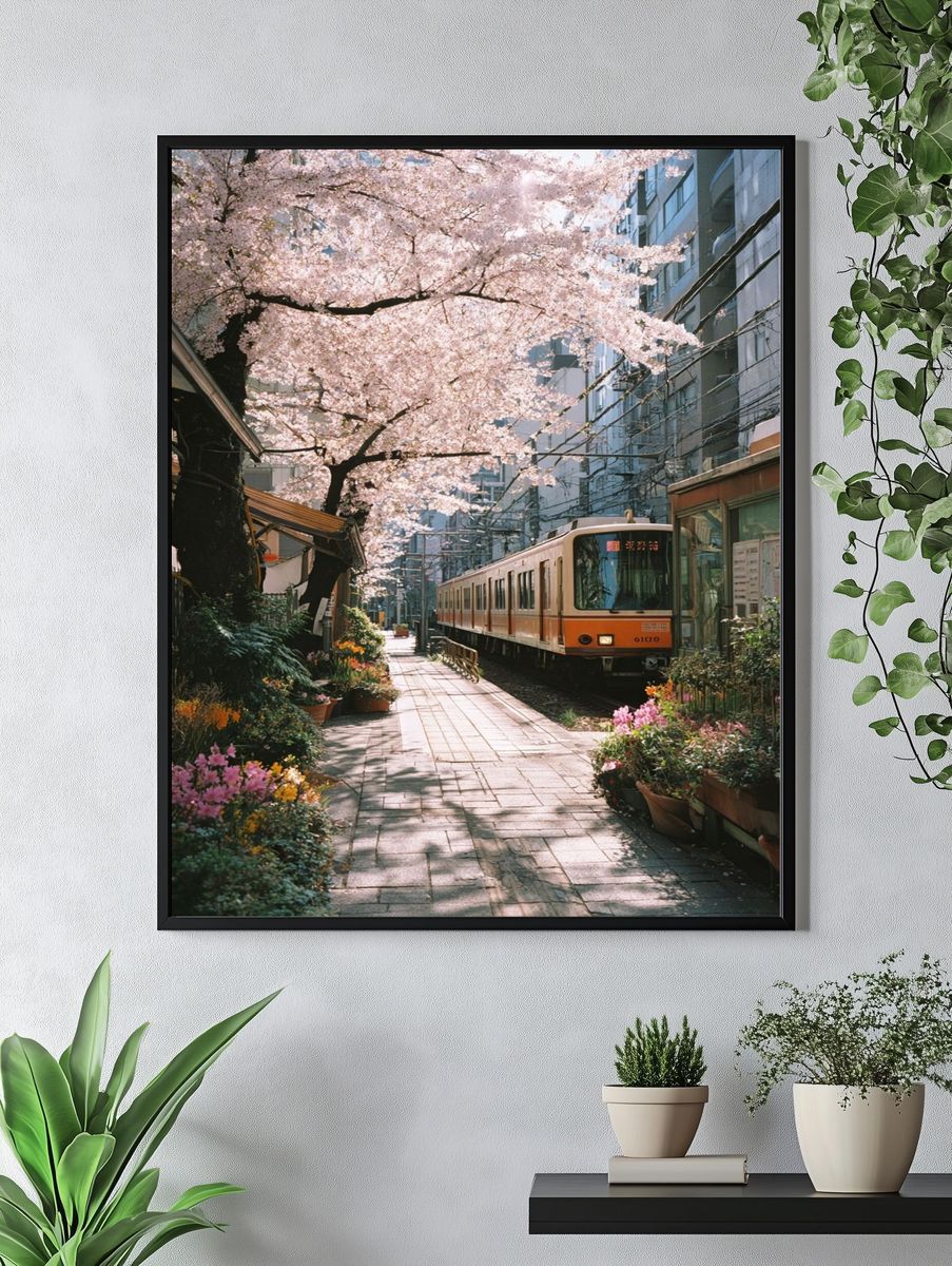 Cherry Blossom Train Station — Photography Print. — room view 4