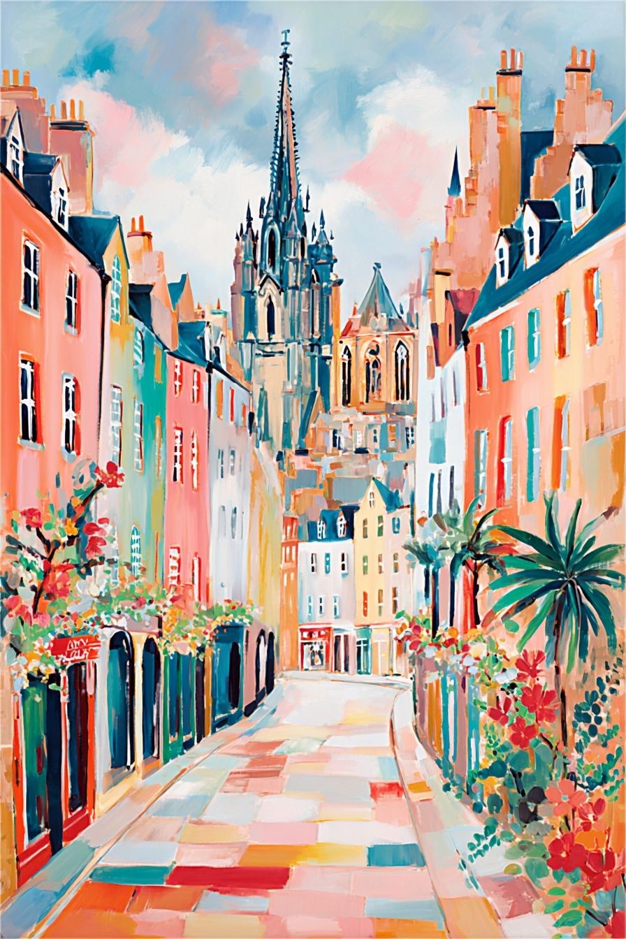 Charming European Street — Colorful Print. poster — fine-art art