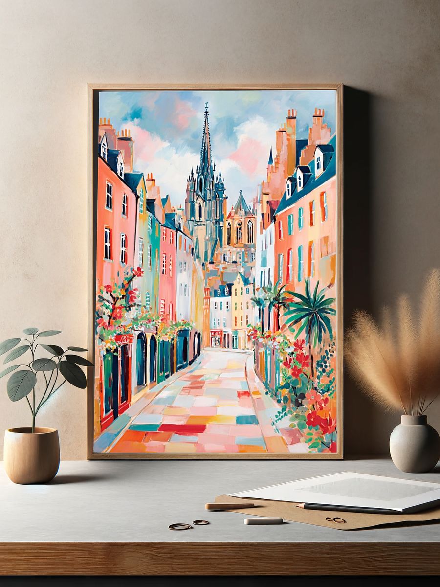Charming European Street — Colorful Print. — room view 2